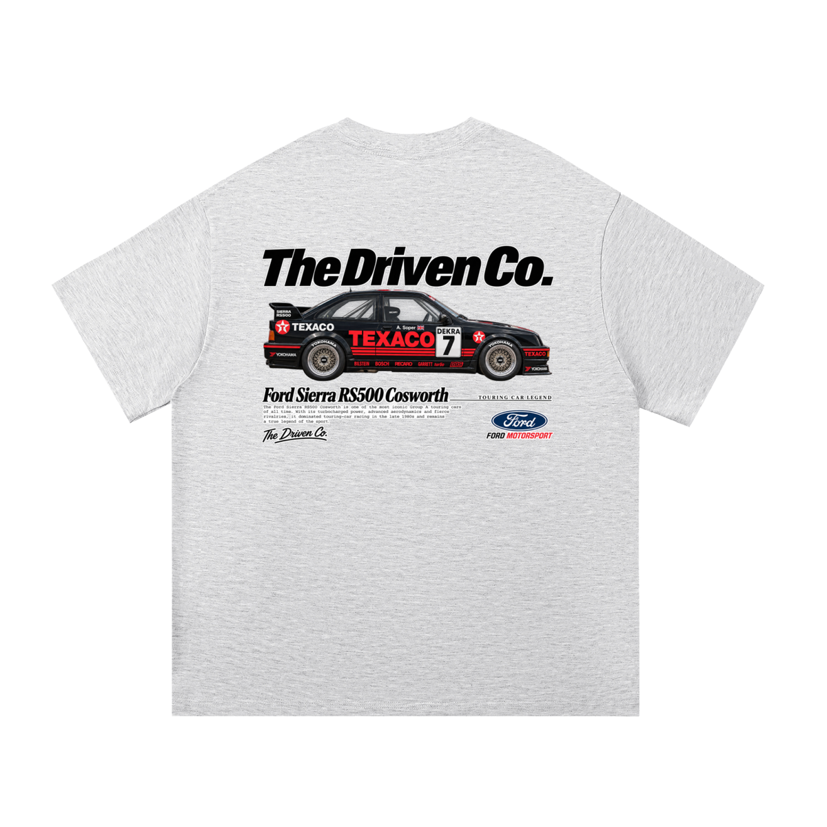 Ford Sierra RS500 Cosworth Racing Graphic T-Shirt — White Grey — back