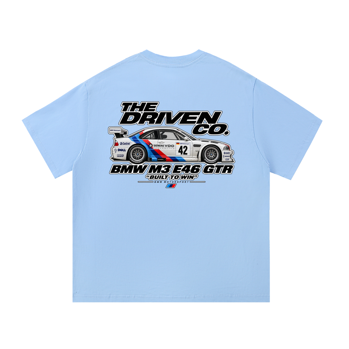 BMW E46 M3 GTR Built to Win Graphic T-Shirt — Blue — back