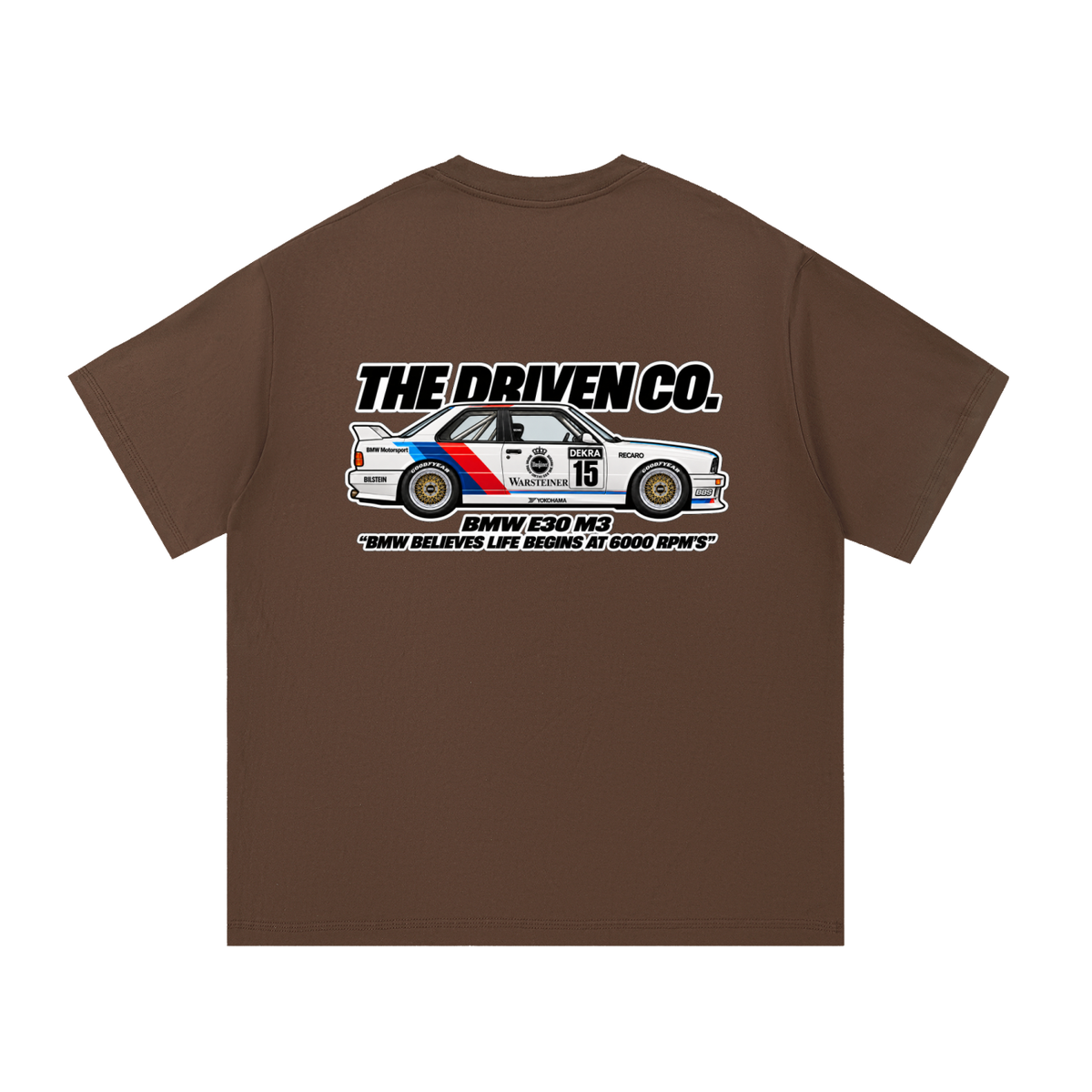 BMW E30 M3 Touring Car Graphic T-Shirt — Coffee — back