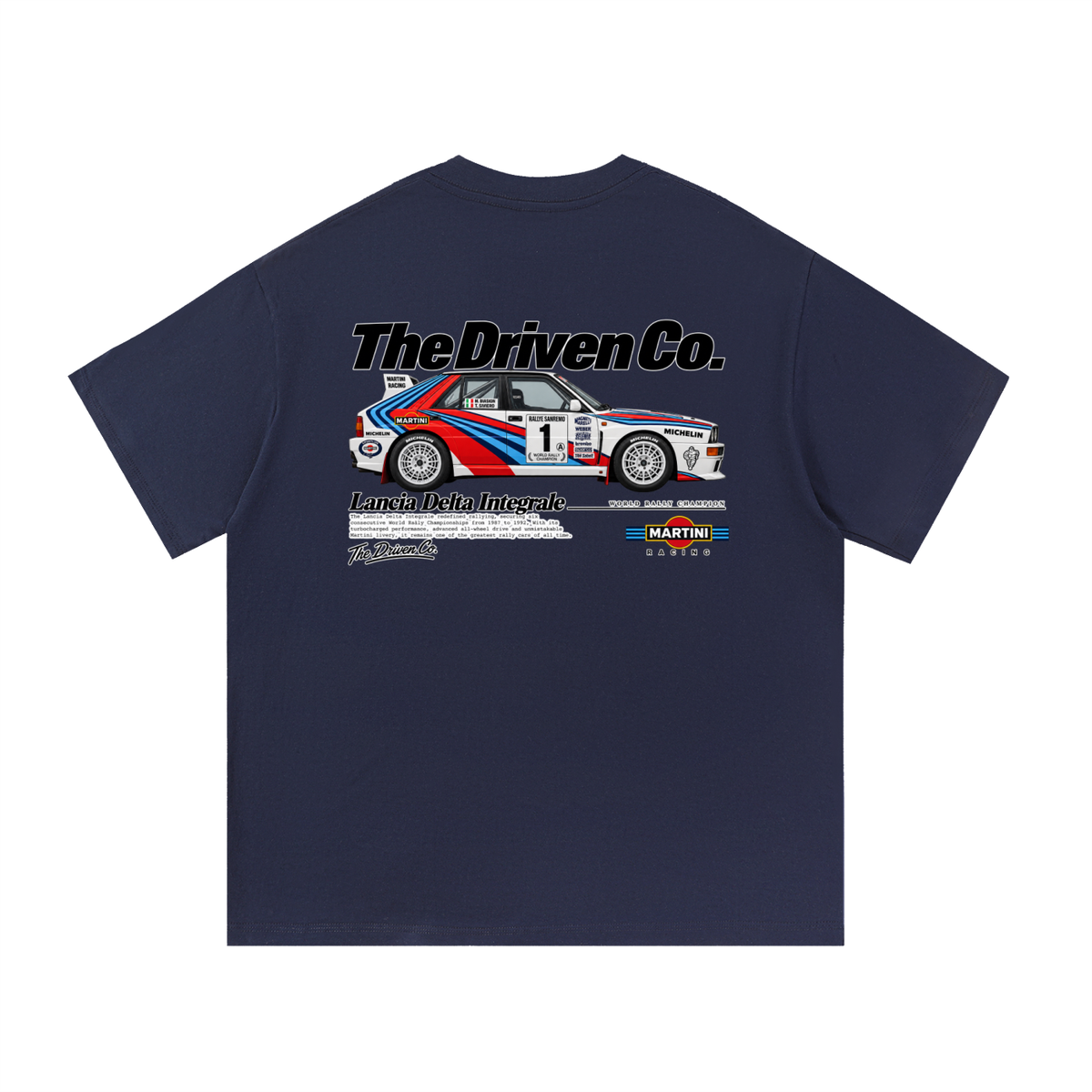 Lancia Delta Integrale Martini Rally Graphic T-Shirt — Navy Blue — back