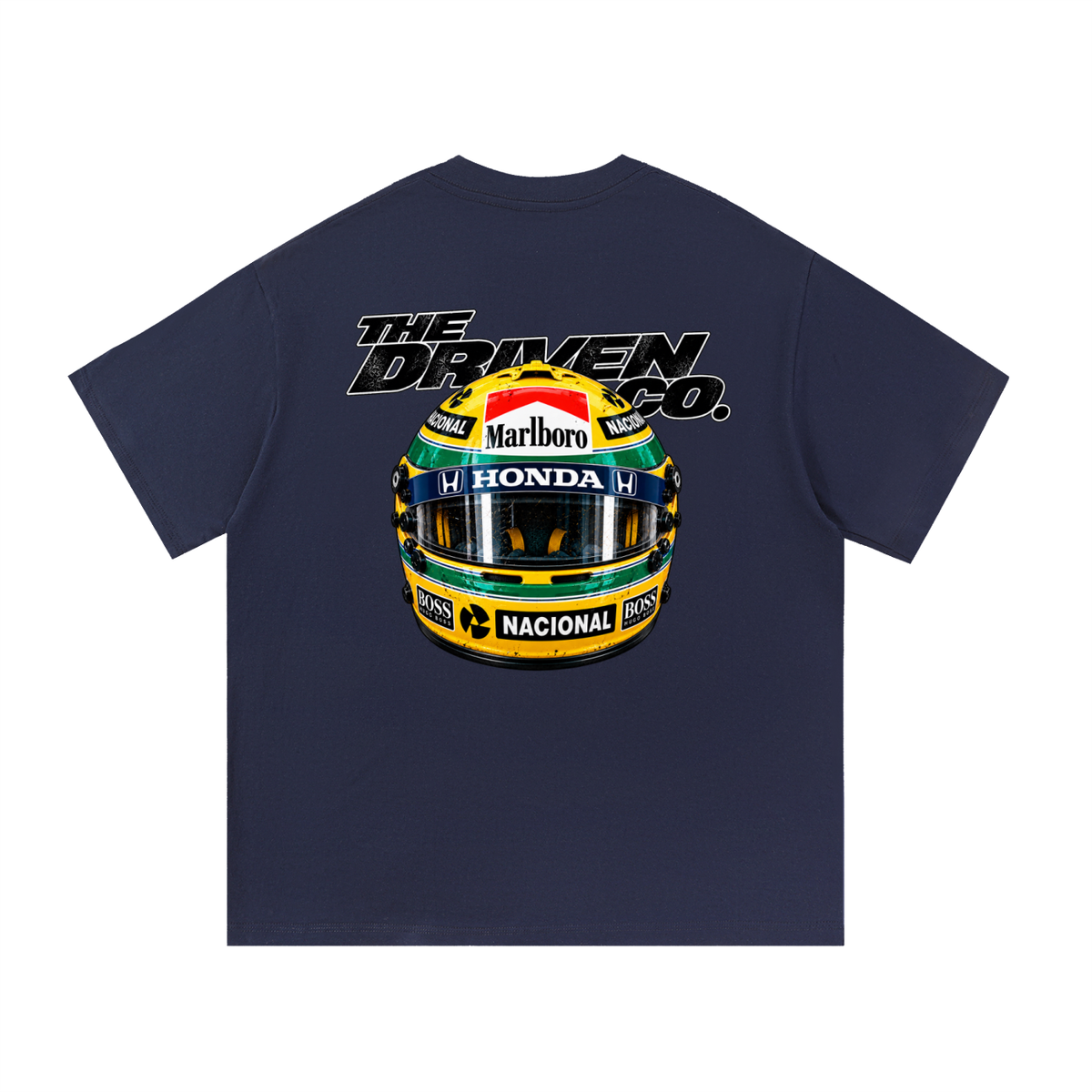 Ayrton Senna Helmet Graphic T-Shirt — Navy Blue — back