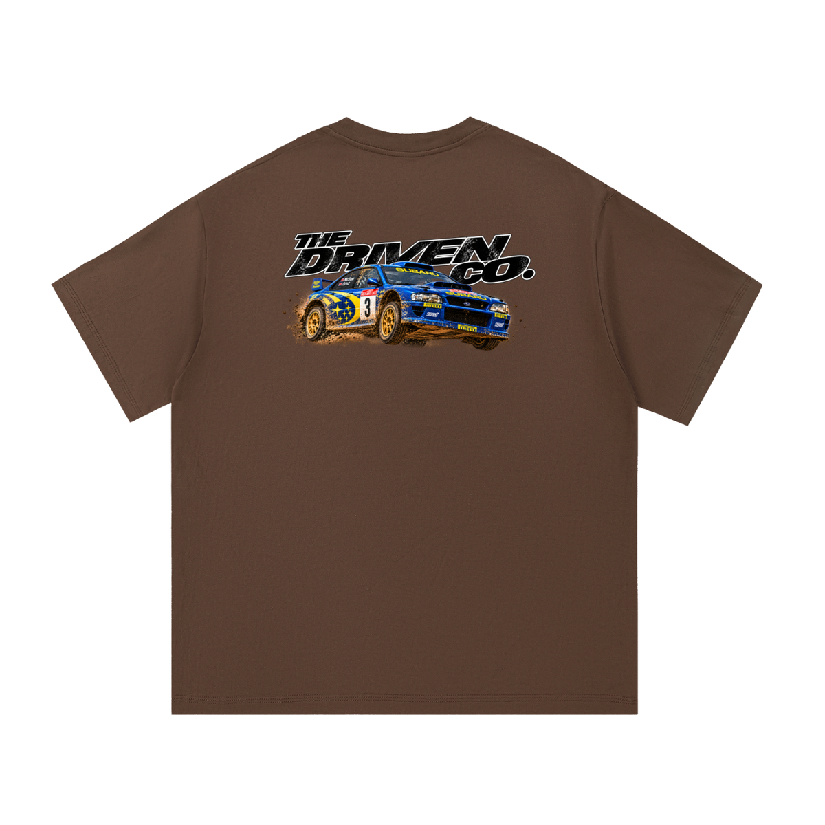 Subaru Impreza Rally Legends Graphic T-Shirt — Coffee — back