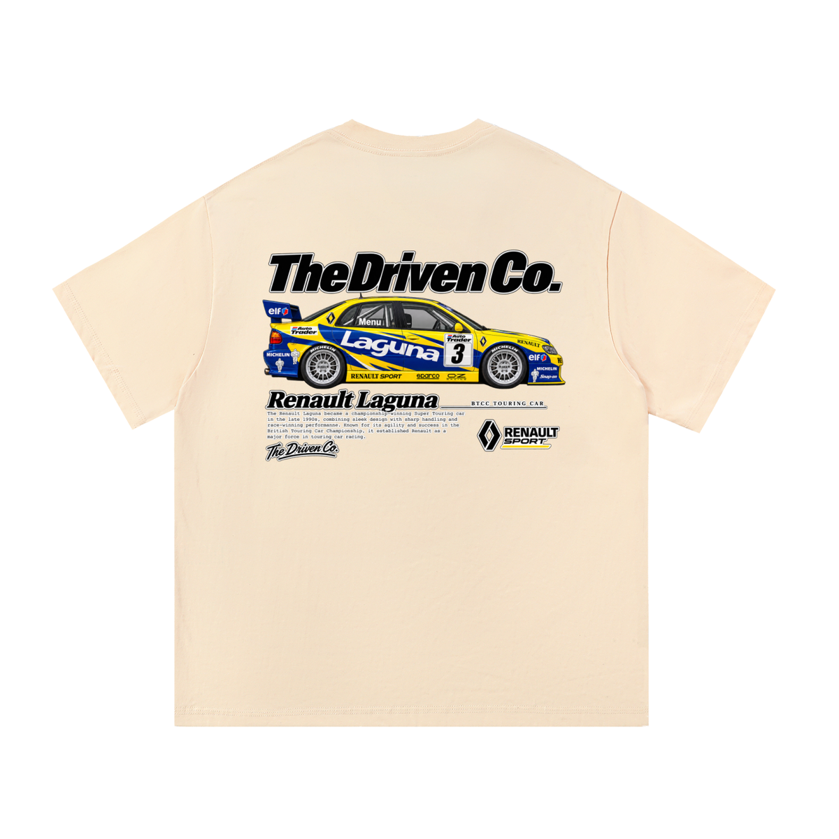 Renault Laguna Blue & Yellow Touring Car Graphic T-Shirt — Apricot — back