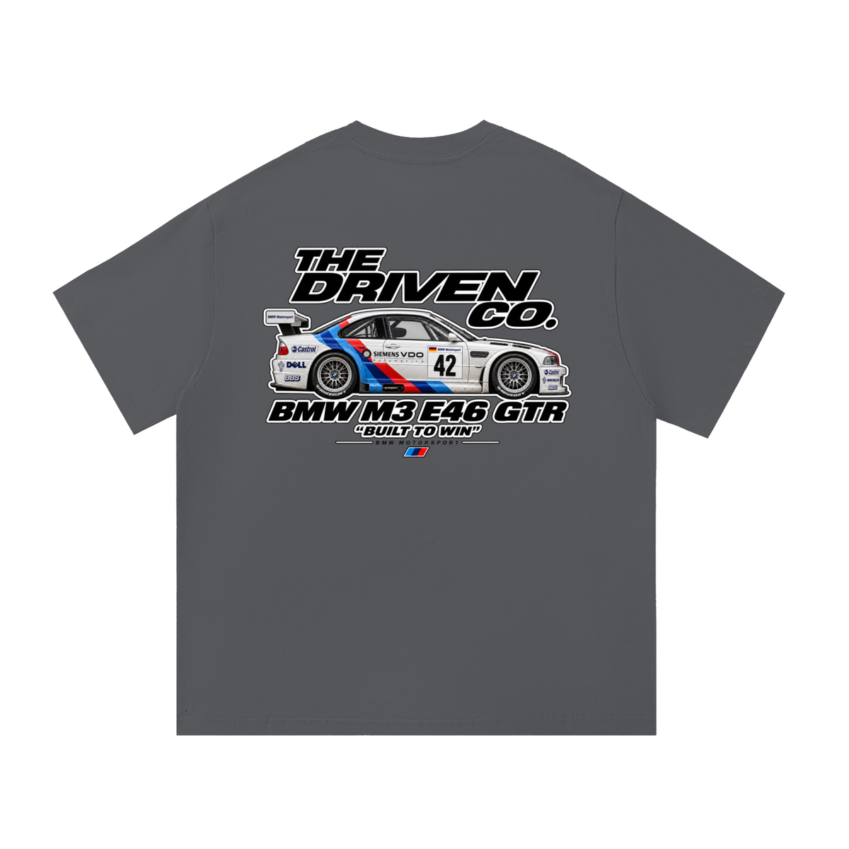 BMW E46 M3 GTR Built to Win Graphic T-Shirt — Dark Grey — back