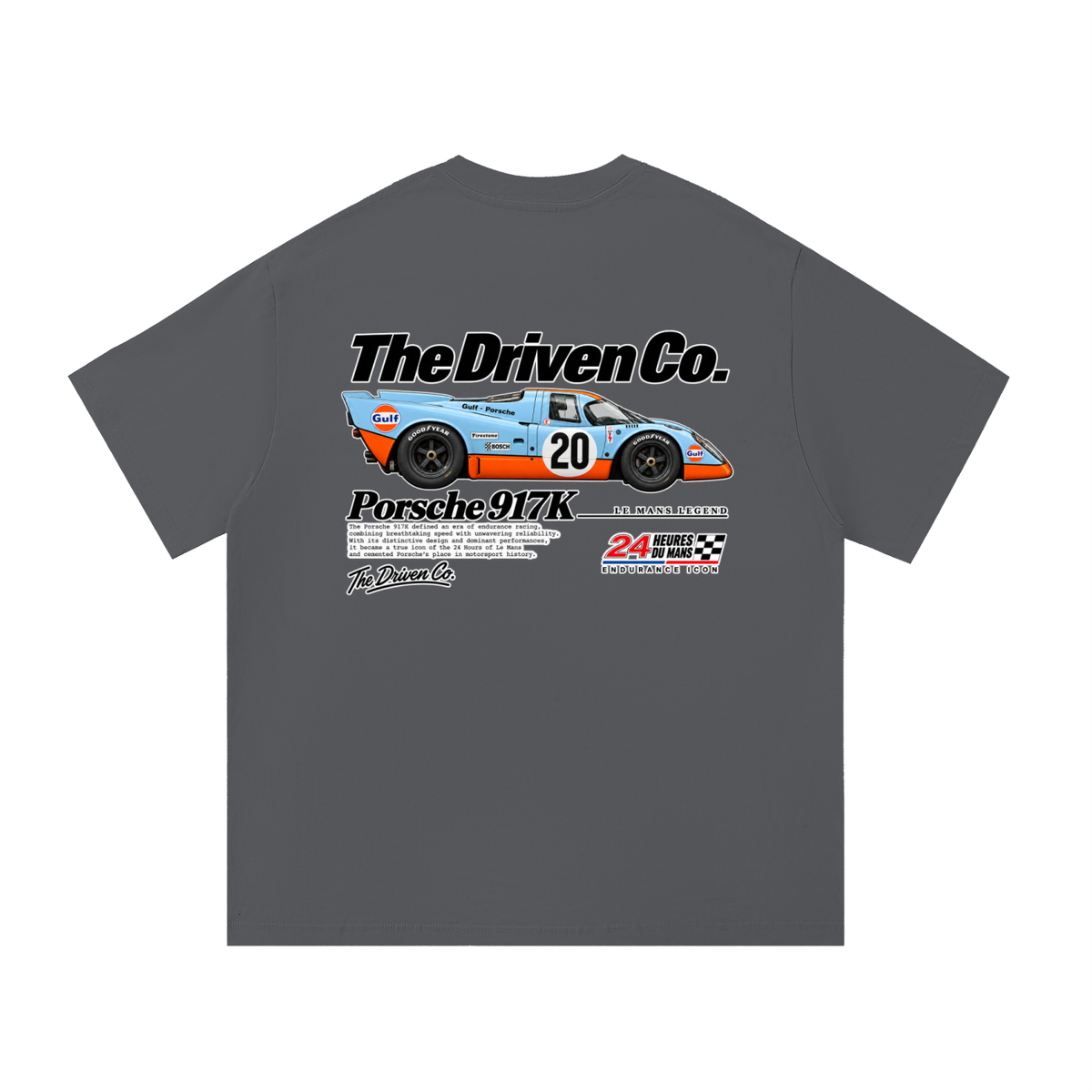 Porsche 917K Endurance Racing Graphic T-Shirt — Dark Grey — back