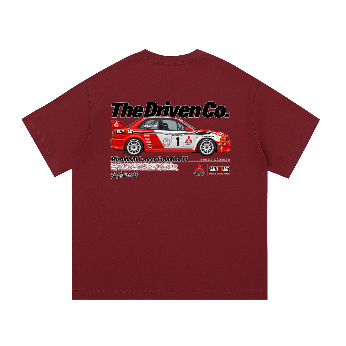 Mitsubishi Lancer Evolution Rally Graphic T-Shirt — Wine Red — back
