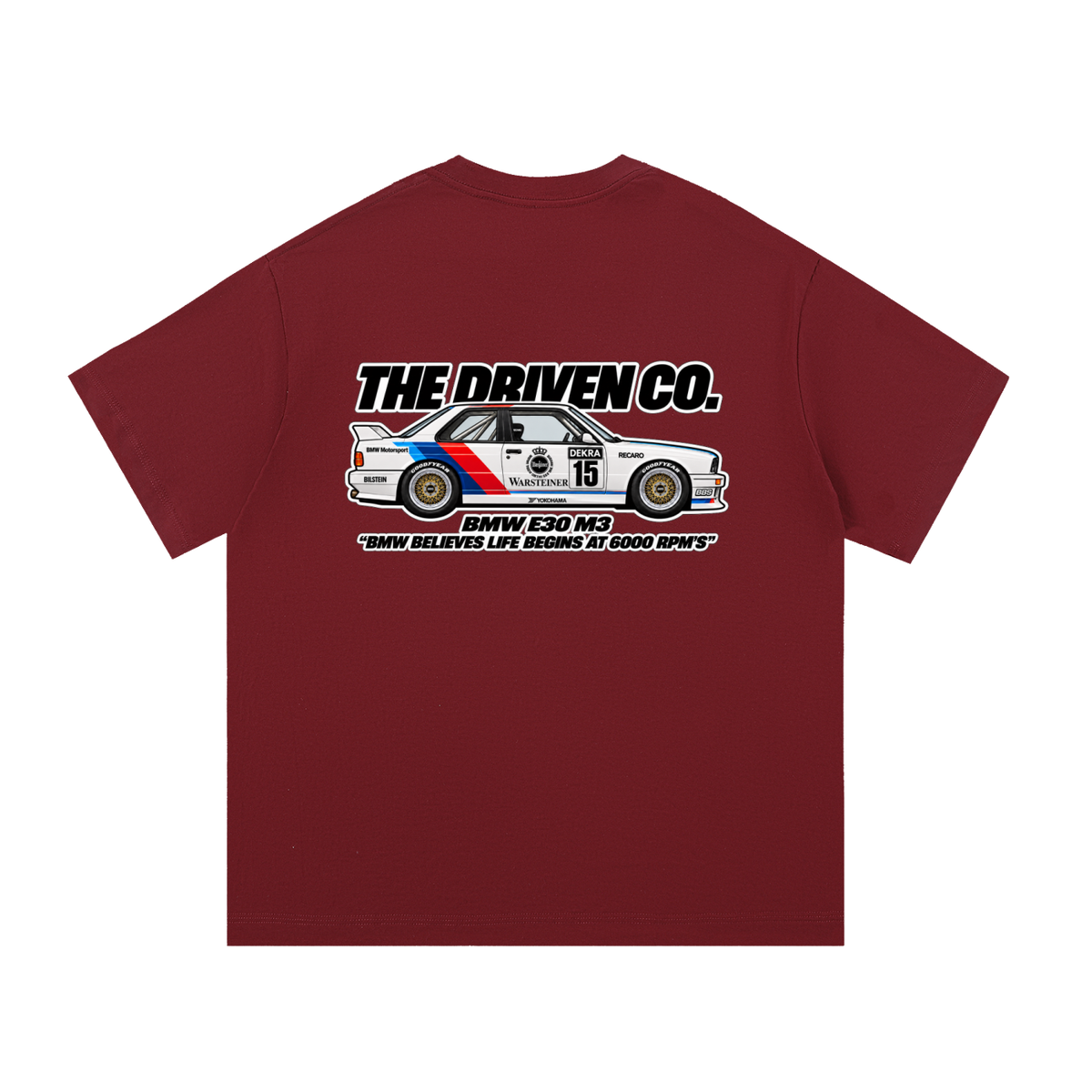 BMW E30 M3 Touring Car Graphic T-Shirt — Wine Red — back