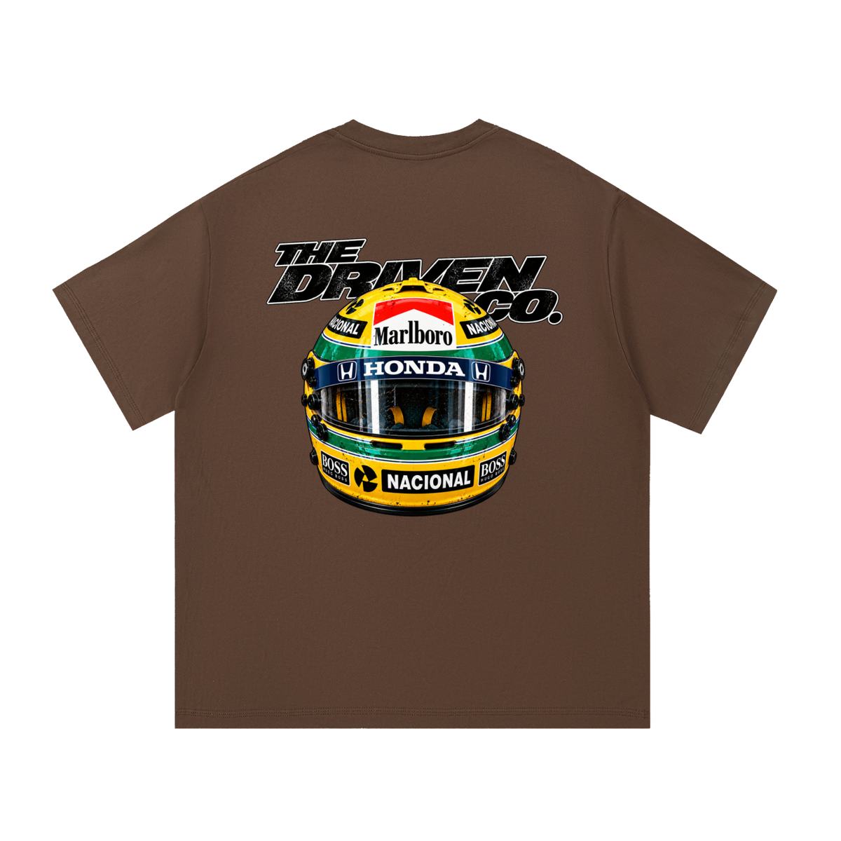 Ayrton Senna Helmet Graphic T-Shirt — Coffee — back