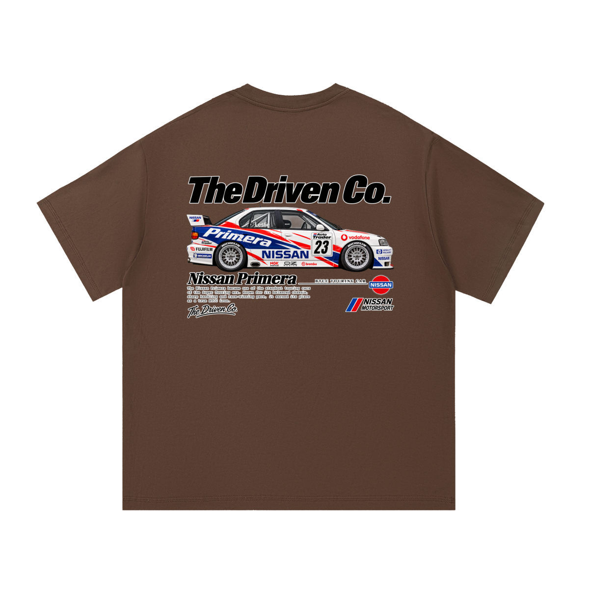 Nissan Primera Touring Car Graphic T-Shirt — Coffee — back