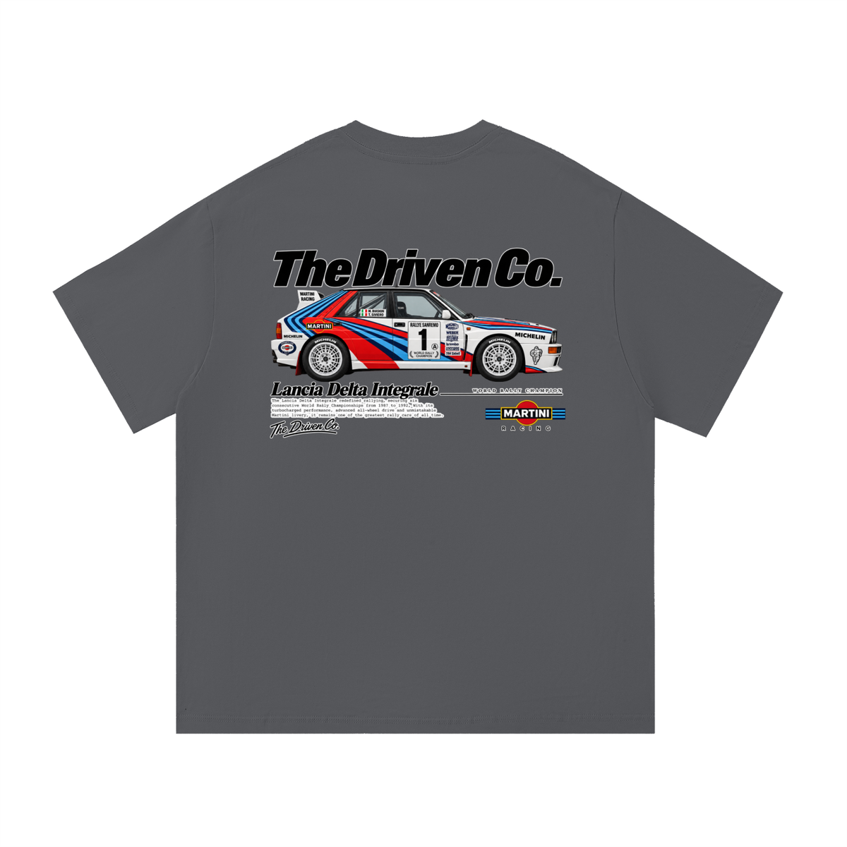 Lancia Delta Integrale Martini Rally Graphic T-Shirt — Dark Grey — back
