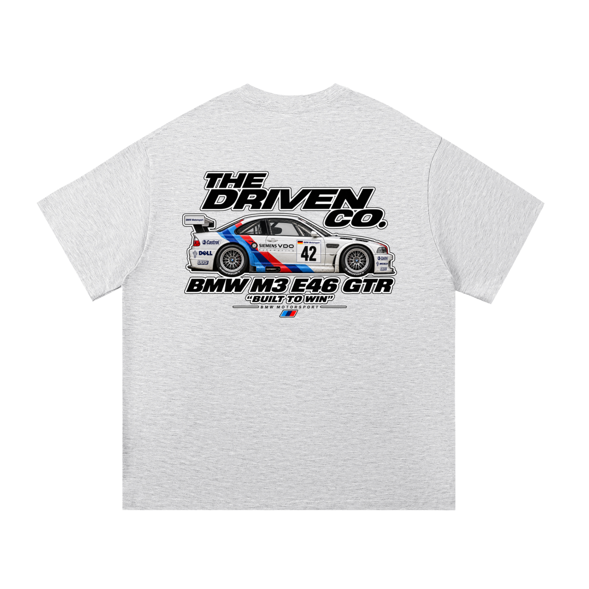 BMW E46 M3 GTR Built to Win Graphic T-Shirt — White Grey — back