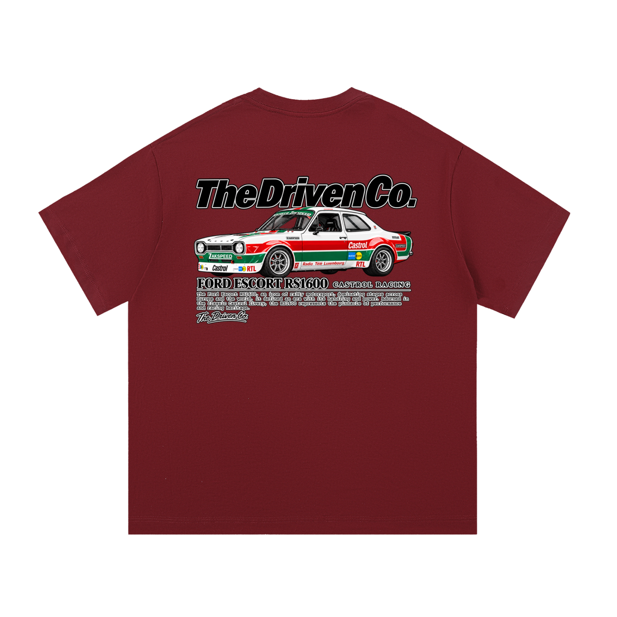 Ford Escort RS1600 Rally Graphic T-Shirt — Wine Red — back