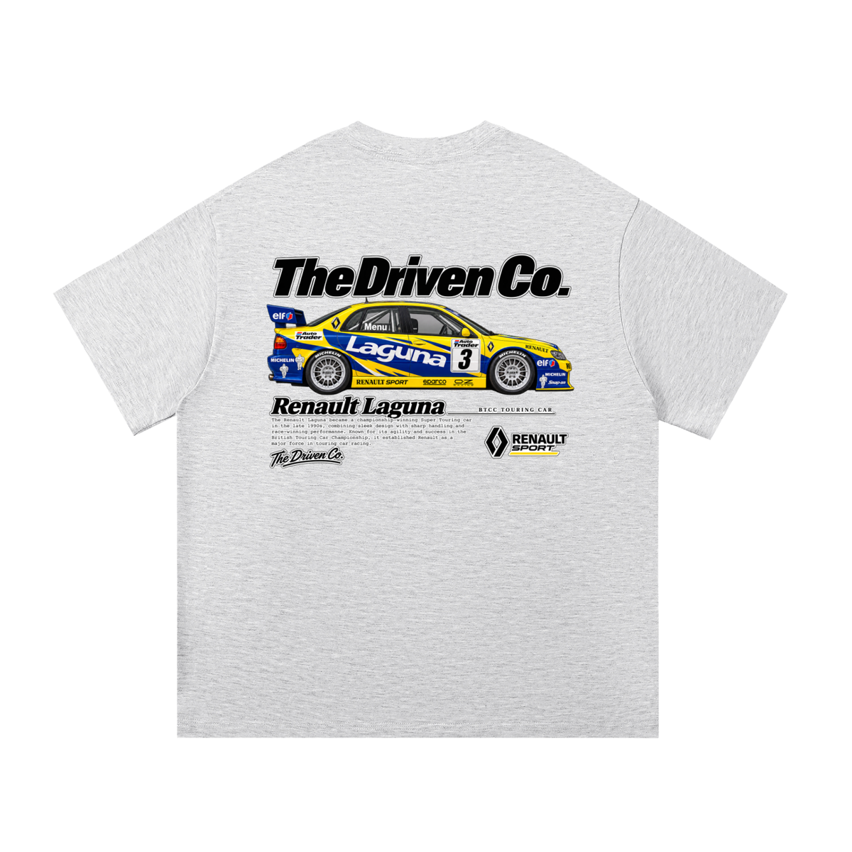Renault Laguna Blue & Yellow Touring Car Graphic T-Shirt — White Grey — back