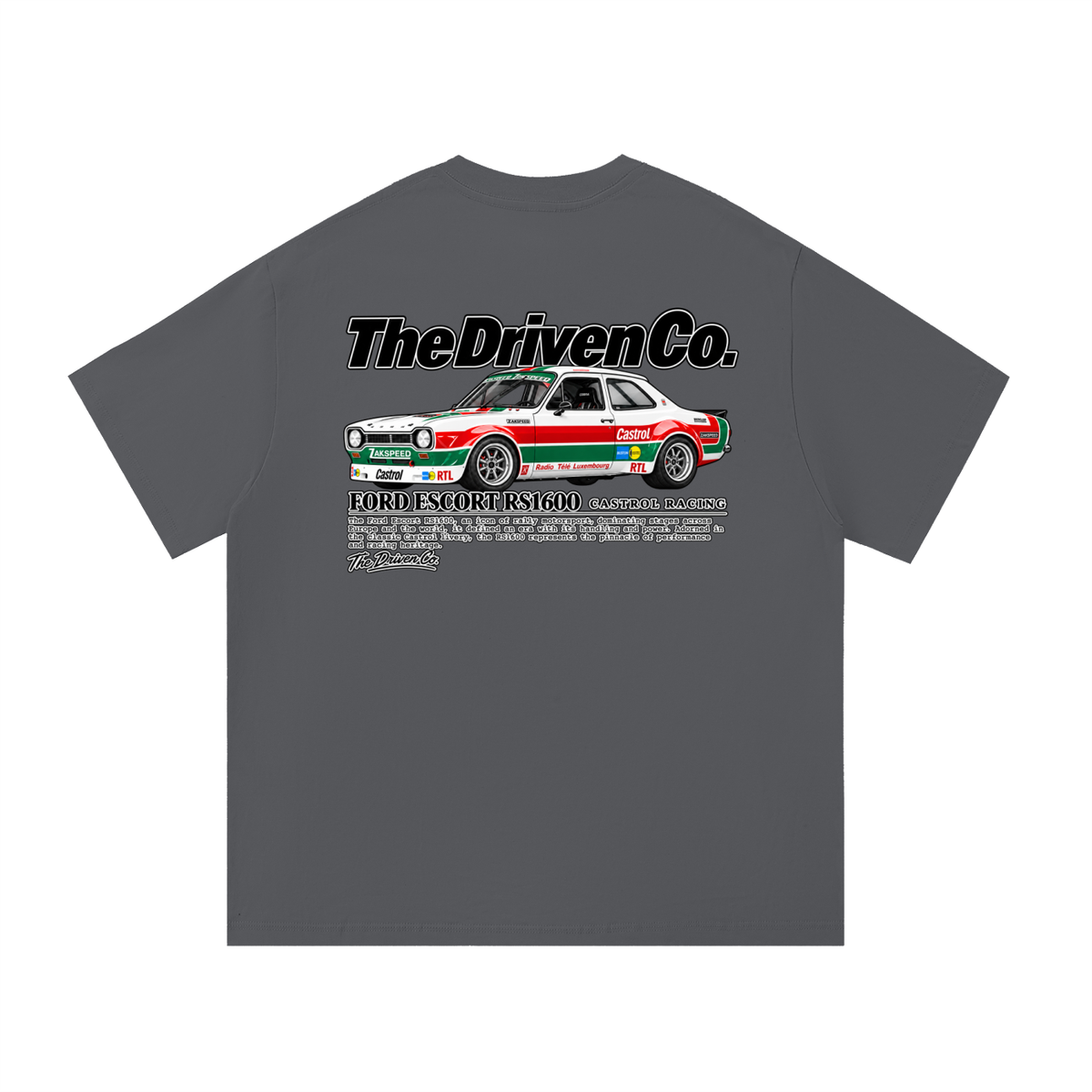 Ford Escort RS1600 Rally Graphic T-Shirt — Dark Grey — back