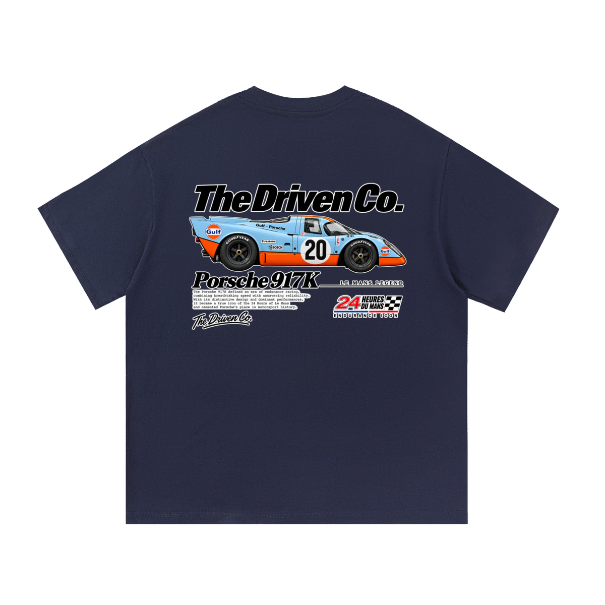 Porsche 917K Endurance Racing Graphic T-Shirt — Navy Blue — back