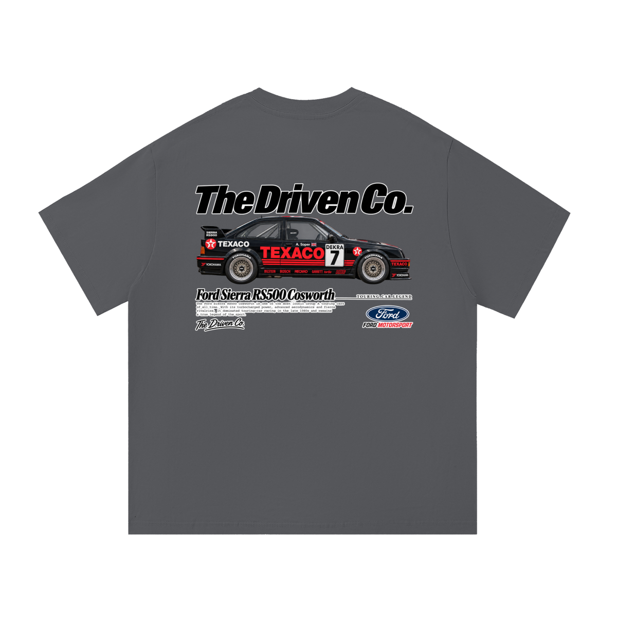 Ford Sierra RS500 Cosworth Racing Graphic T-Shirt — Dark Grey — back