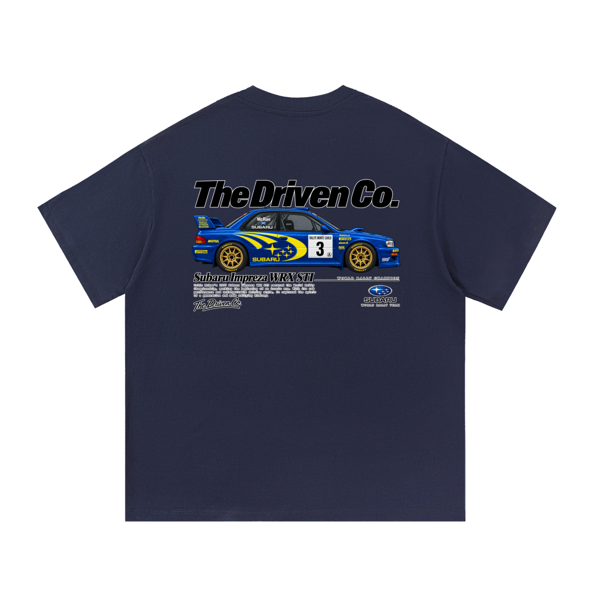 Subaru Impreza WRX STI Rally Graphic T-Shirt — Navy Blue — back