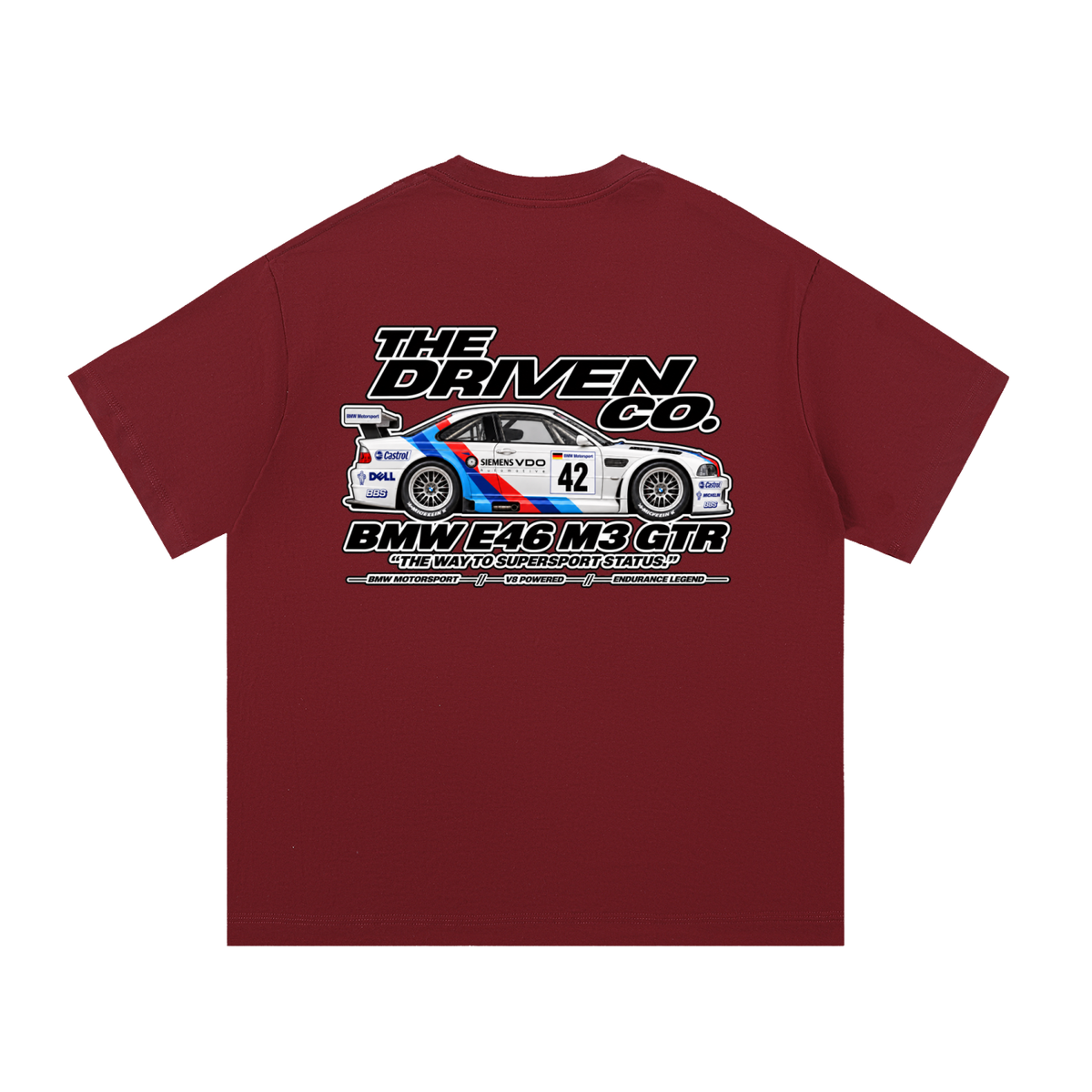 BMW E46 M3 GTR Racing Graphic T-Shirt — Wine Red — back
