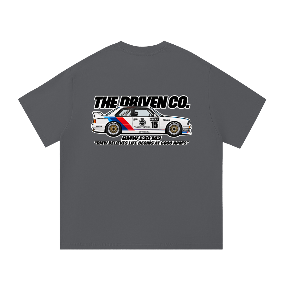 BMW E30 M3 Touring Car Graphic T-Shirt — Dark Grey — back