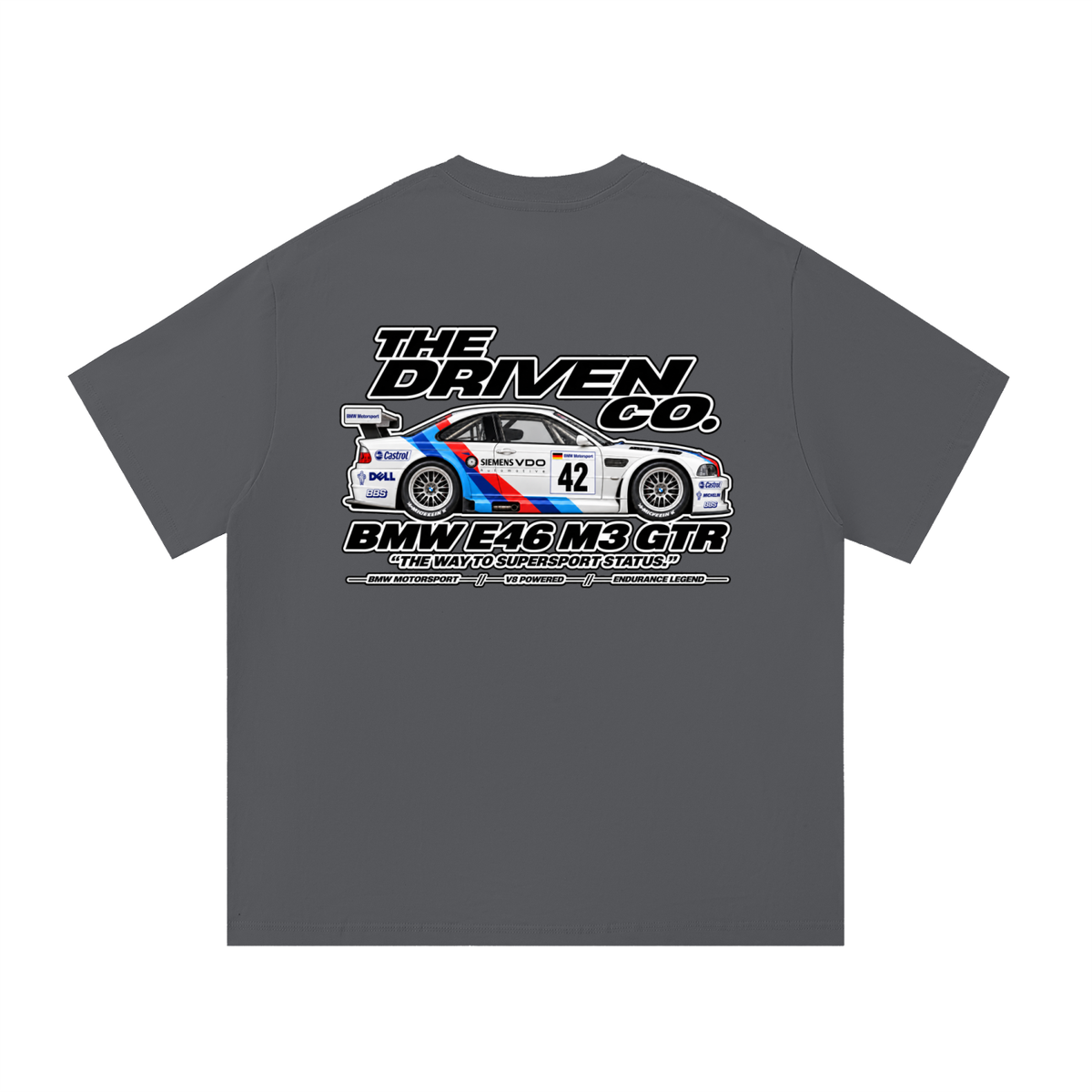 BMW E46 M3 GTR Racing Graphic T-Shirt — Dark Grey — back