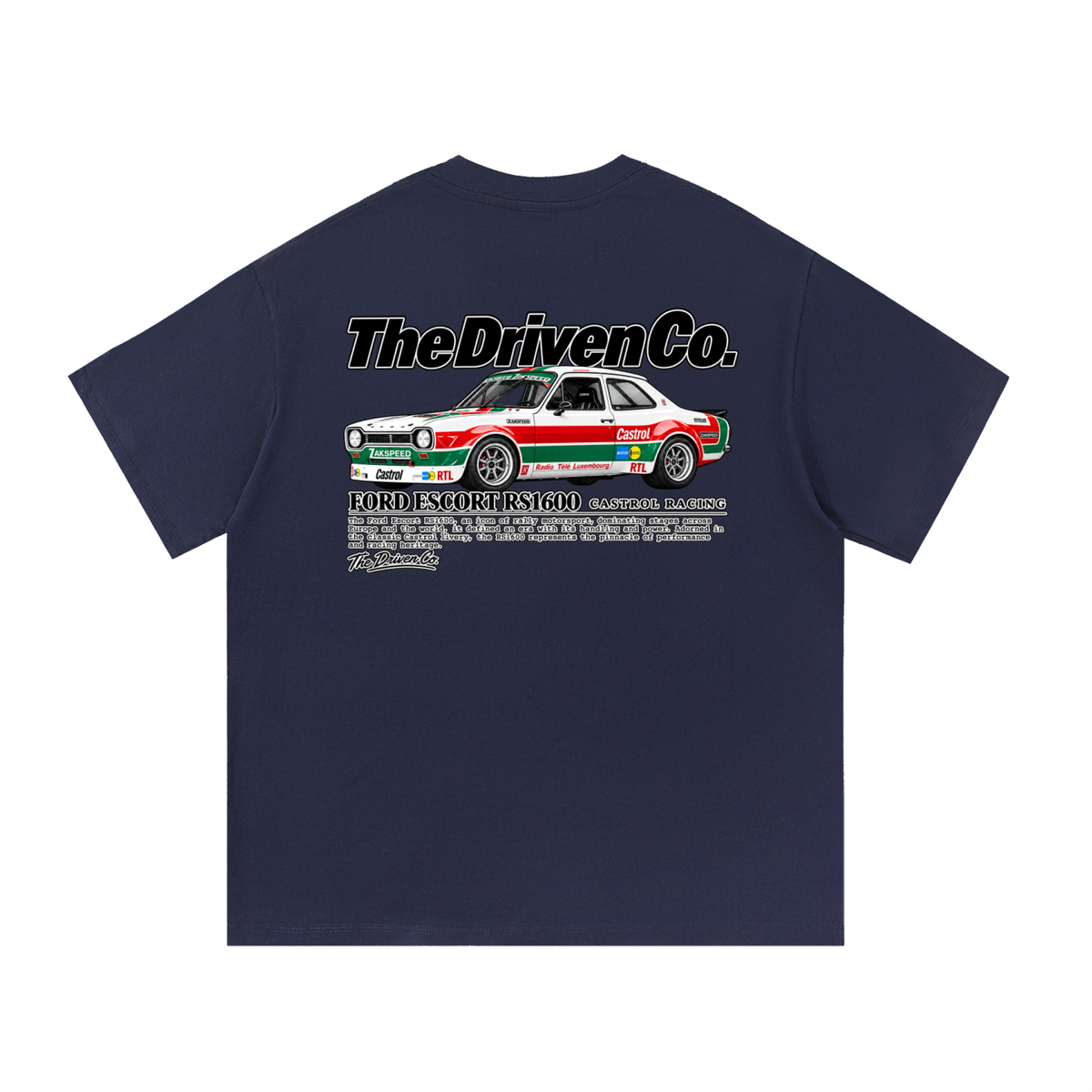 Ford Escort RS1600 Rally Graphic T-Shirt — Navy Blue — back
