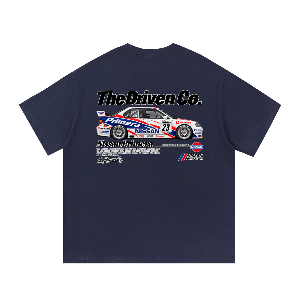 Nissan Primera Touring Car Graphic T-Shirt — Navy Blue — back