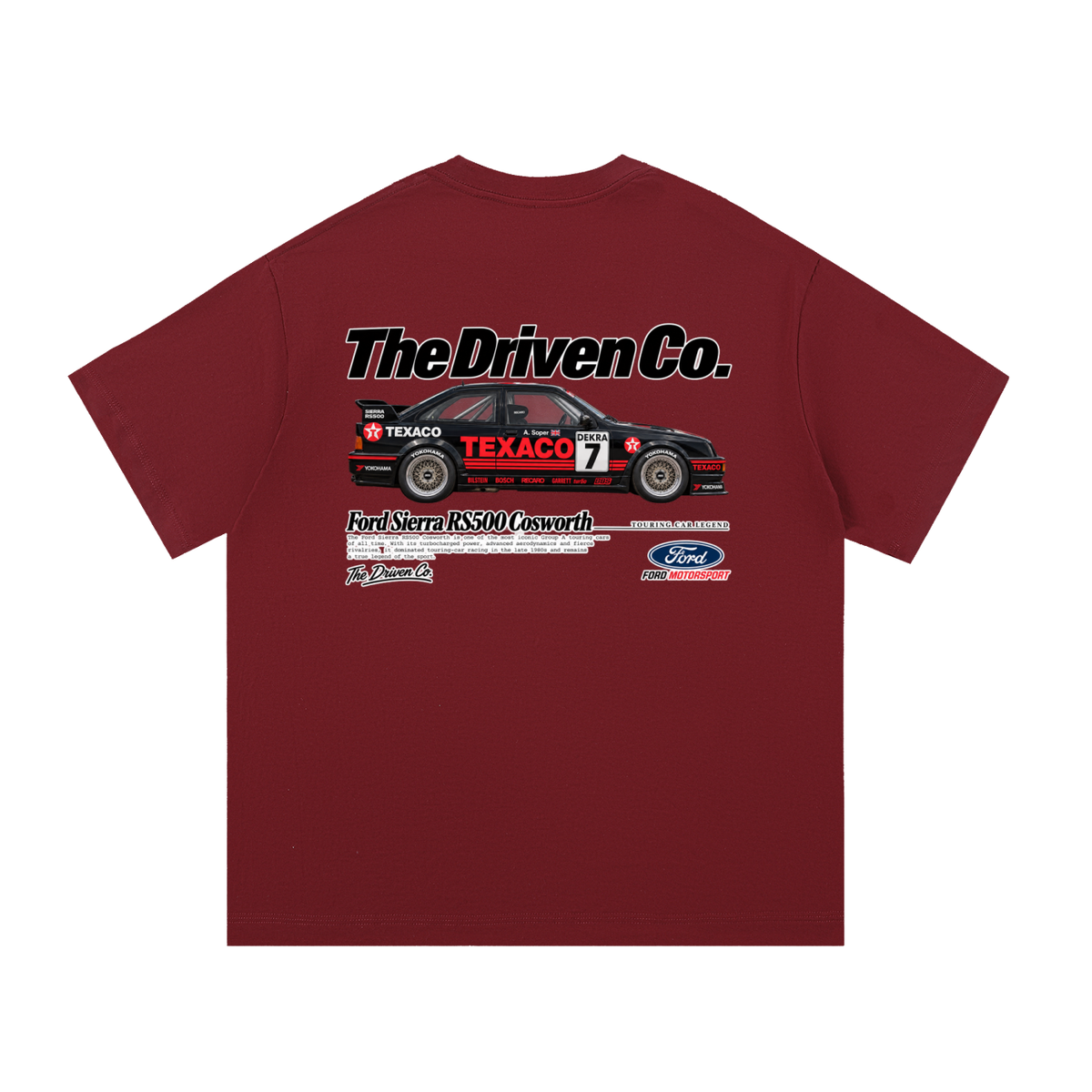 Ford Sierra RS500 Cosworth Racing Graphic T-Shirt — Wine Red — back