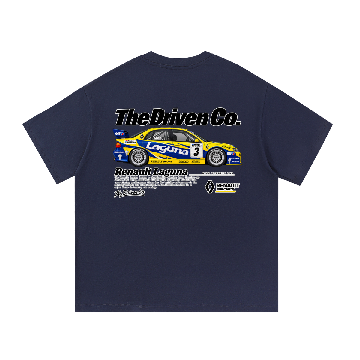 Renault Laguna Blue & Yellow Touring Car Graphic T-Shirt — Navy Blue — back
