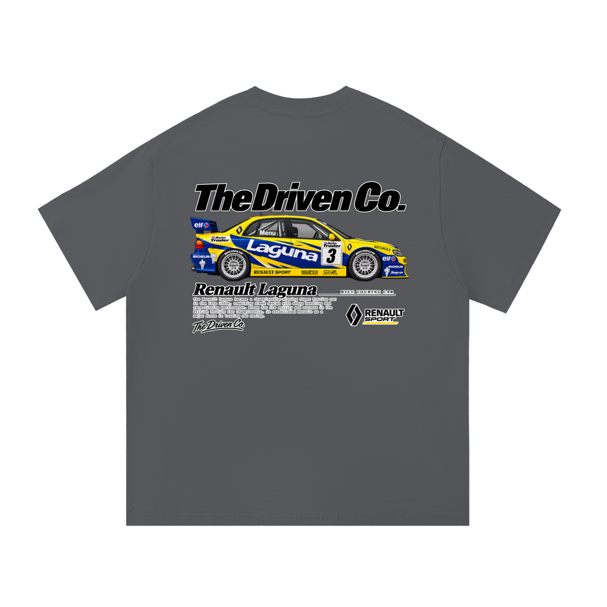 Renault Laguna Blue & Yellow Touring Car Graphic T-Shirt — Dark Grey — back