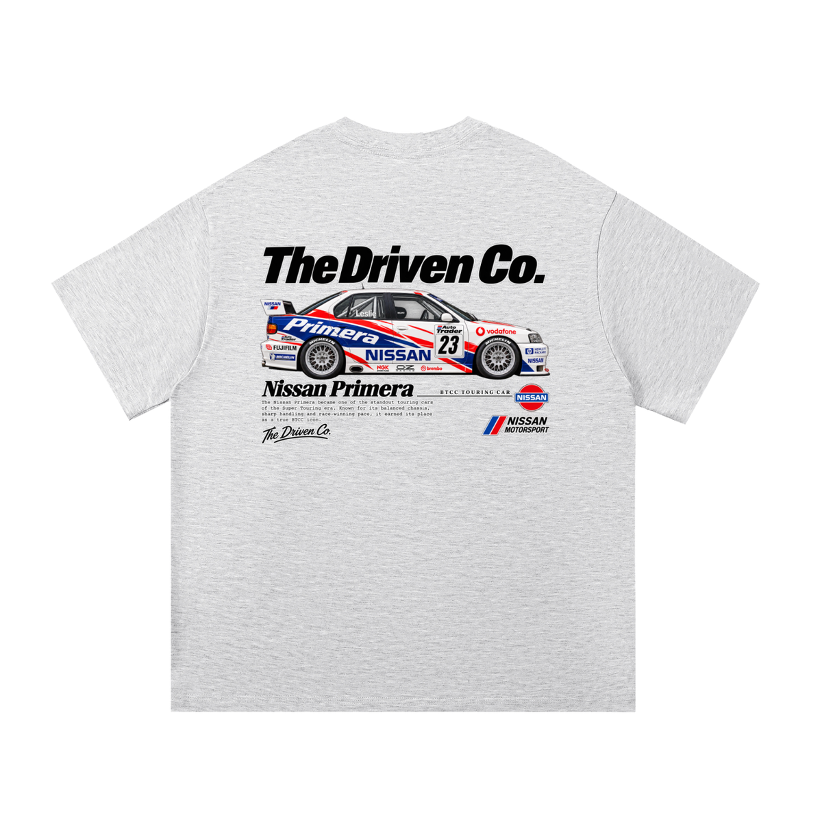 Nissan Primera Touring Car Graphic T-Shirt — White Grey — back