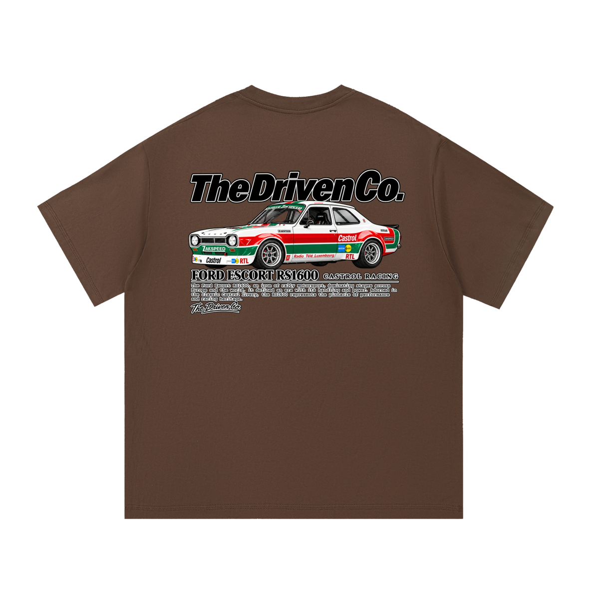 Ford Escort RS1600 Rally Graphic T-Shirt — Coffee — back