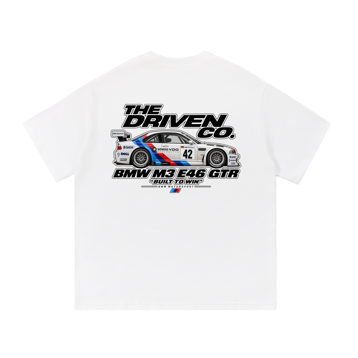 BMW E46 M3 GTR Built to Win Graphic T-Shirt — White — back