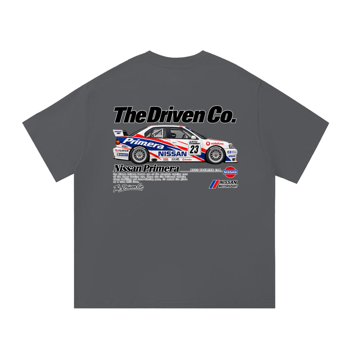 Nissan Primera Touring Car Graphic T-Shirt — Dark Grey — back