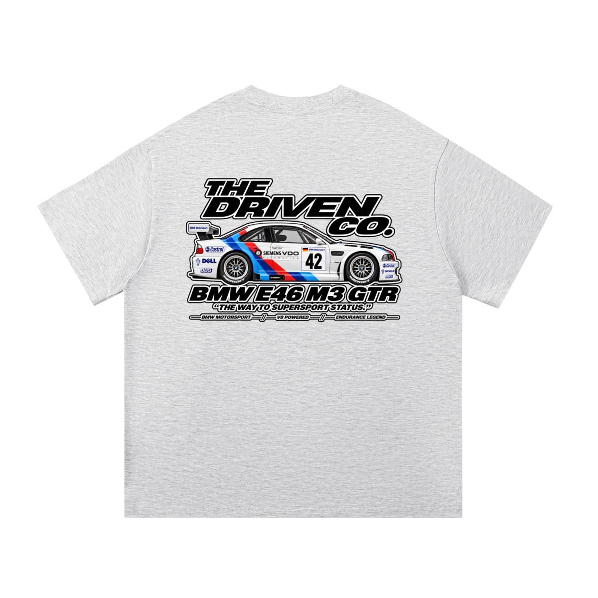 BMW E46 M3 GTR Racing Graphic T-Shirt — White Grey — back