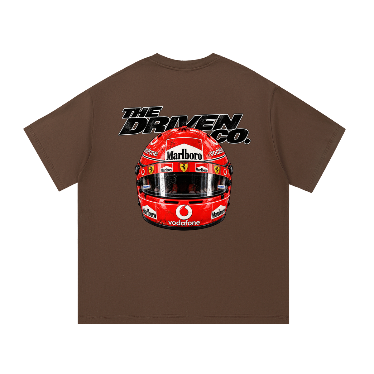 Michael Schumacher Helmet Graphic T-Shirt — Coffee — back
