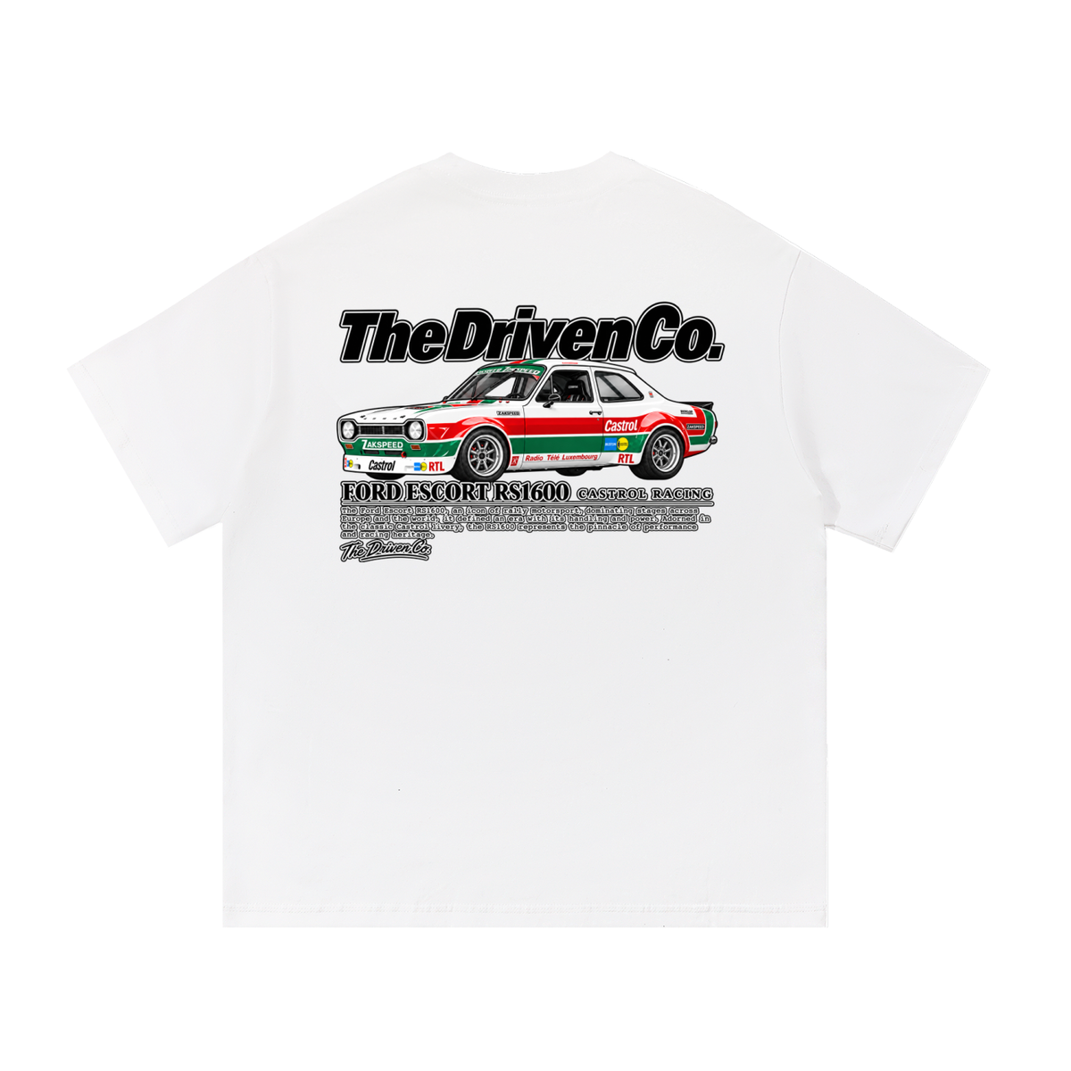 Ford Escort RS1600 Rally Graphic T-Shirt — White — back
