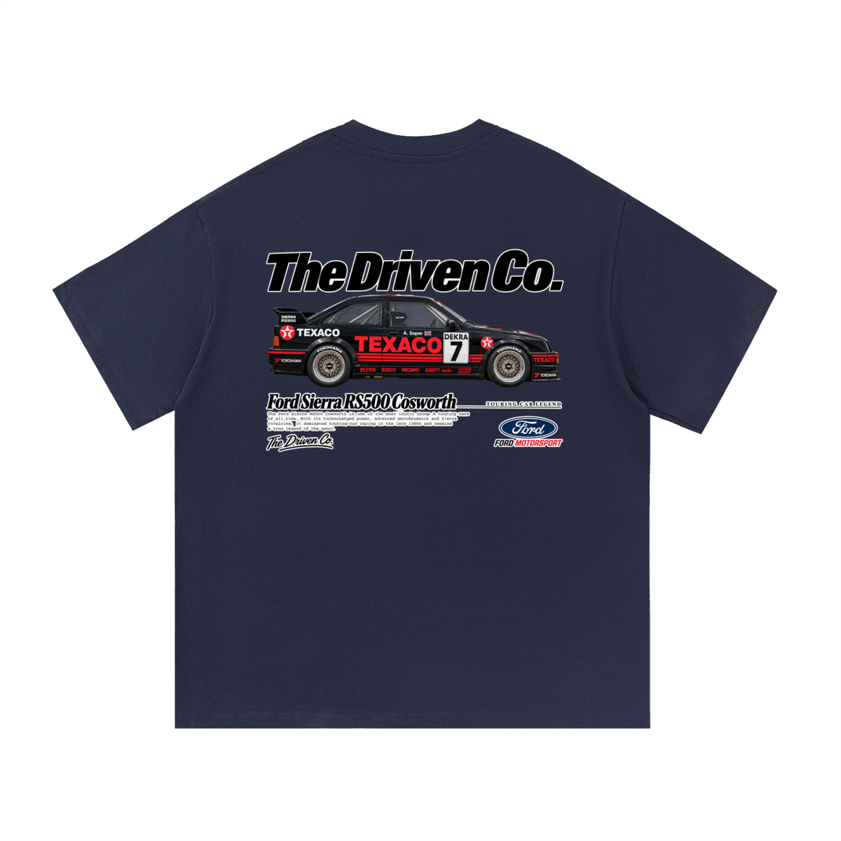 Ford Sierra RS500 Cosworth Racing Graphic T-Shirt — Navy Blue — back