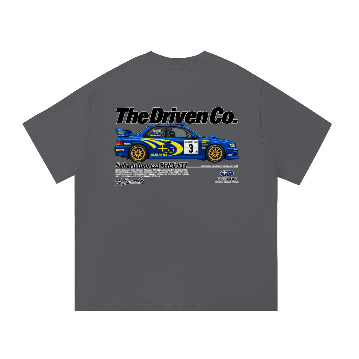 Subaru Impreza WRX STI Rally Graphic T-Shirt — Dark Grey — back