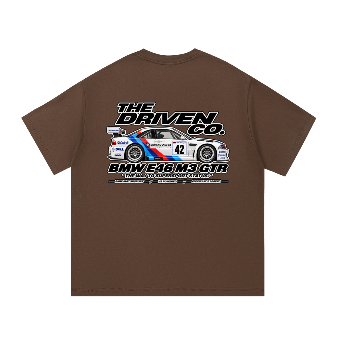 BMW E46 M3 GTR Racing Graphic T-Shirt — Coffee — back