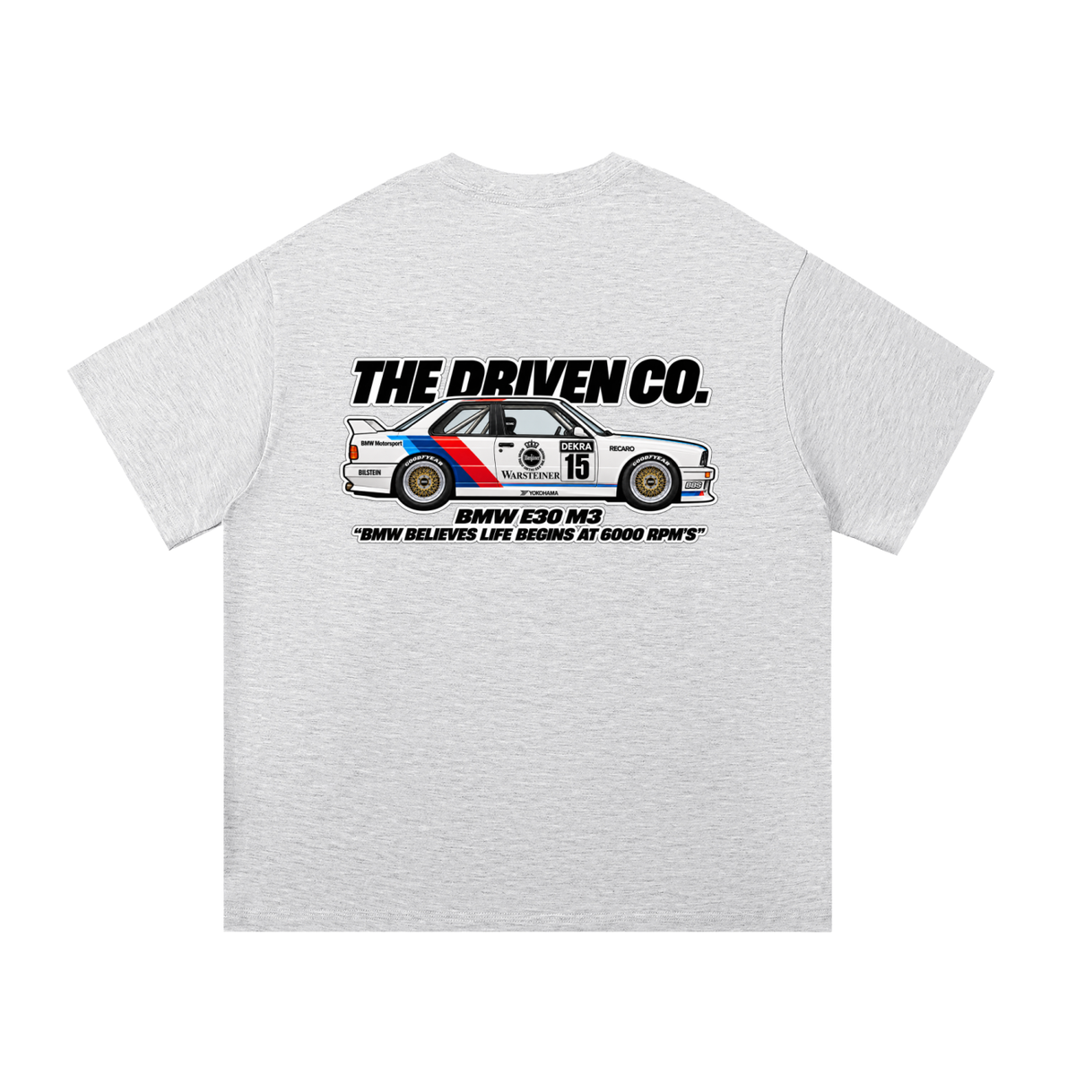 BMW E30 M3 Touring Car Graphic T-Shirt — White Grey — back