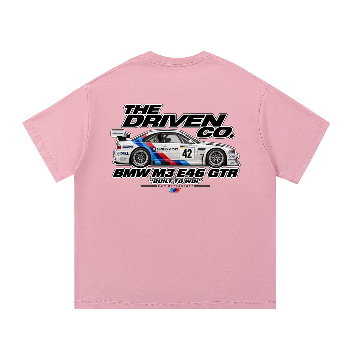 BMW E46 M3 GTR Built to Win Graphic T-Shirt — Pink — back