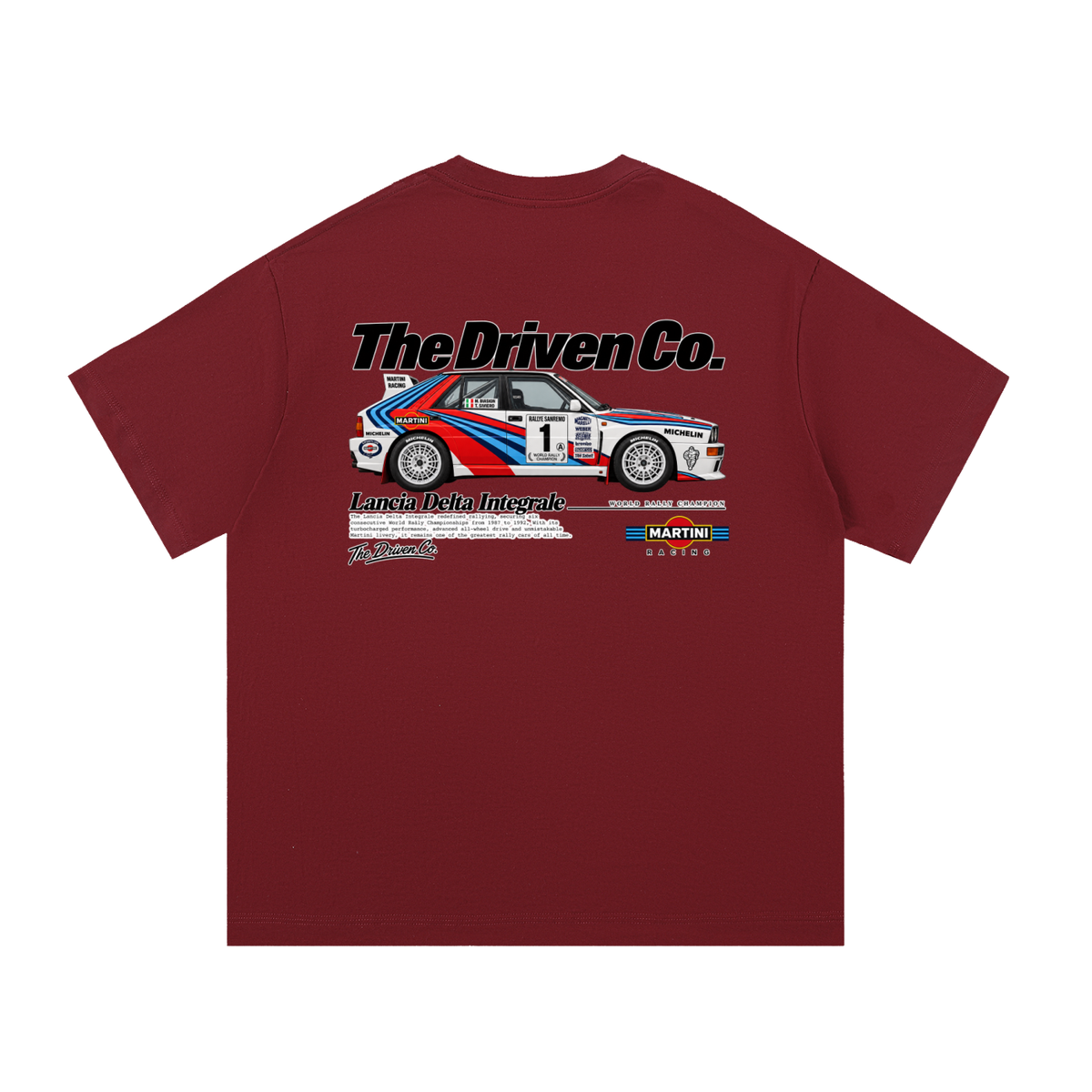 Lancia Delta Integrale Martini Rally Graphic T-Shirt — Wine Red — back