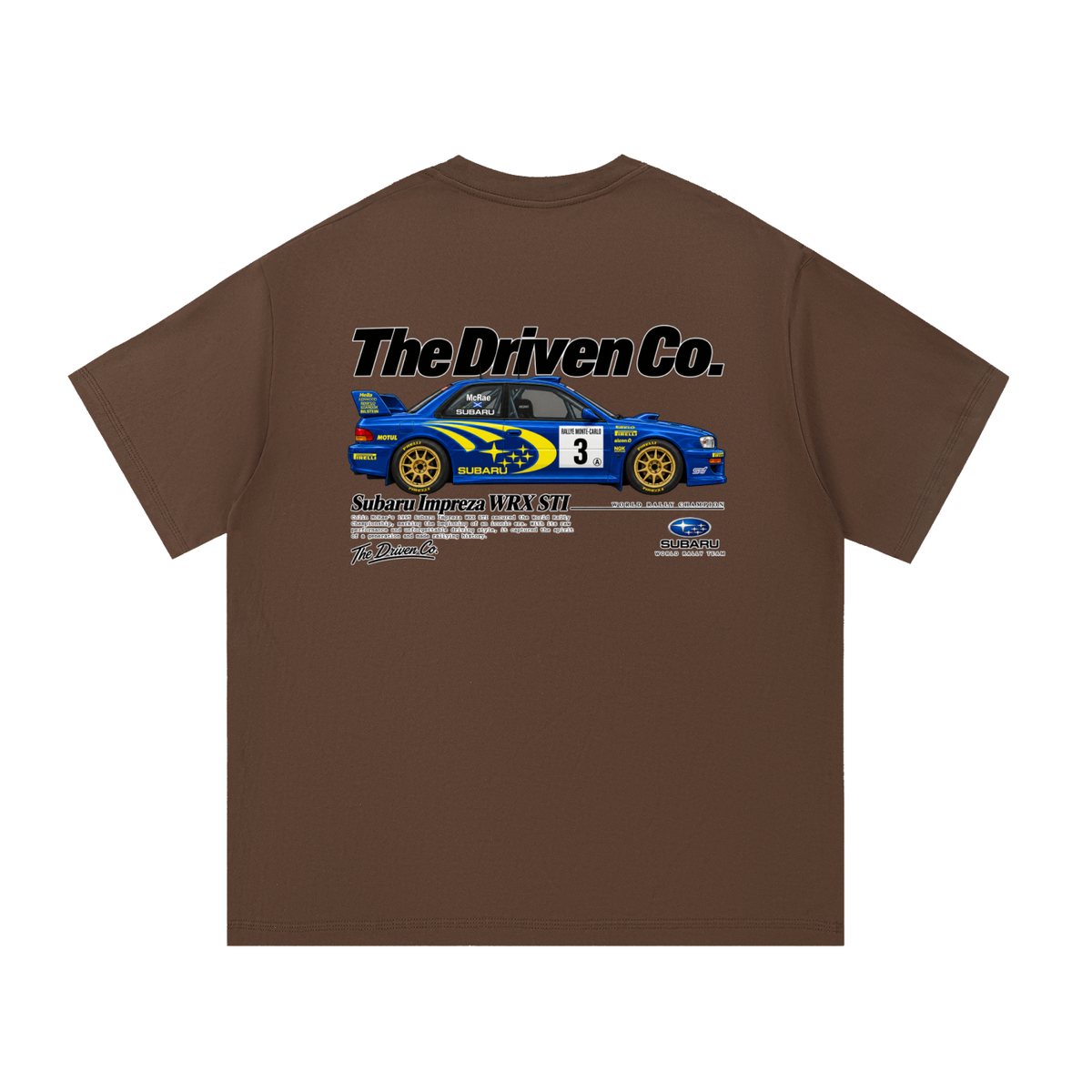 Subaru Impreza WRX STI Rally Graphic T-Shirt — Coffee — back