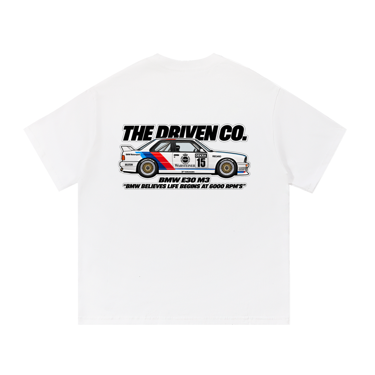 BMW E30 M3 Touring Car Graphic T-Shirt — White — back