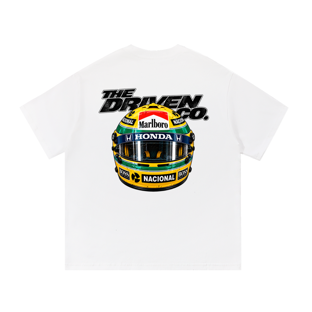Ayrton Senna Helmet Graphic T-Shirt — White — back
