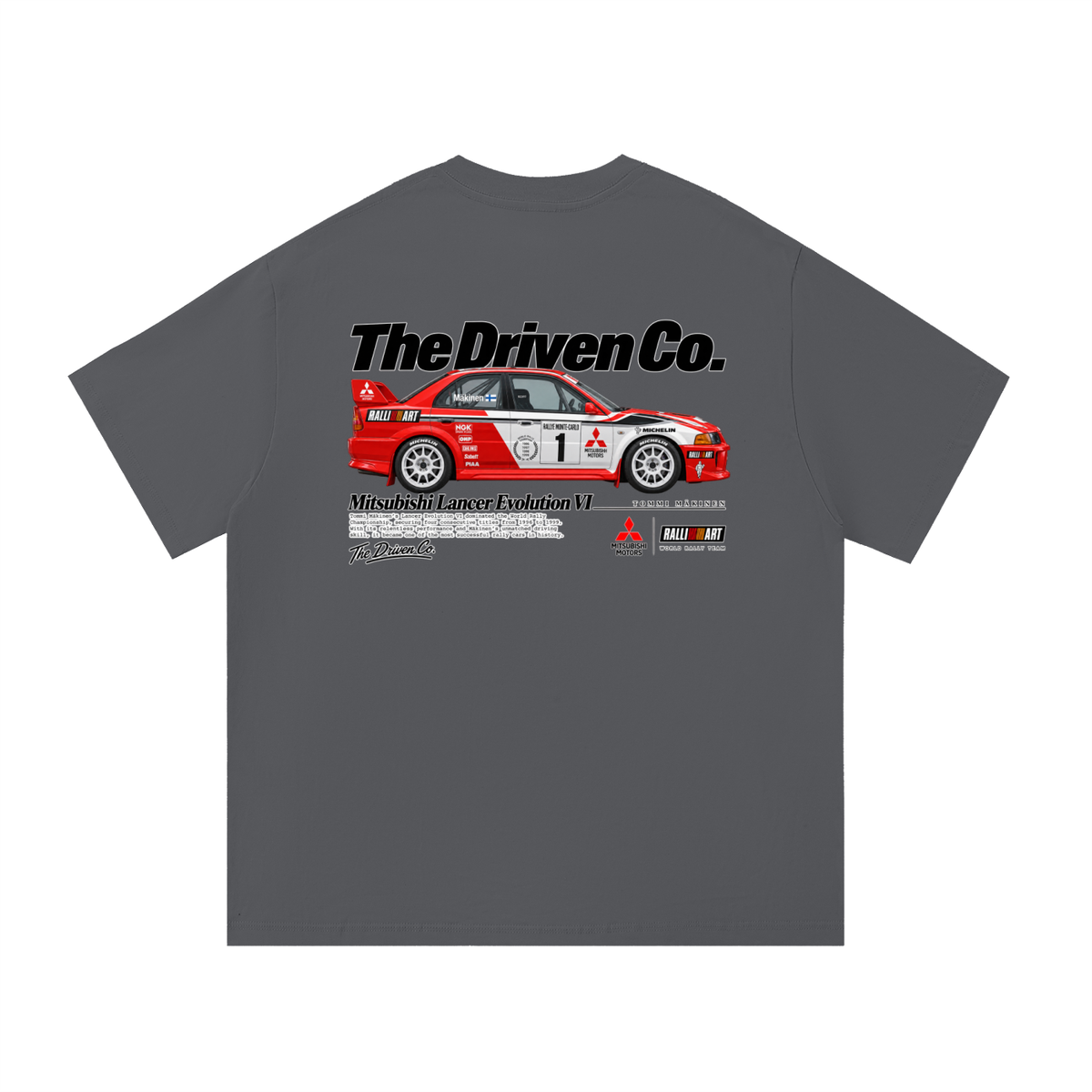 Mitsubishi Lancer Evolution Rally Graphic T-Shirt — Dark Grey — back