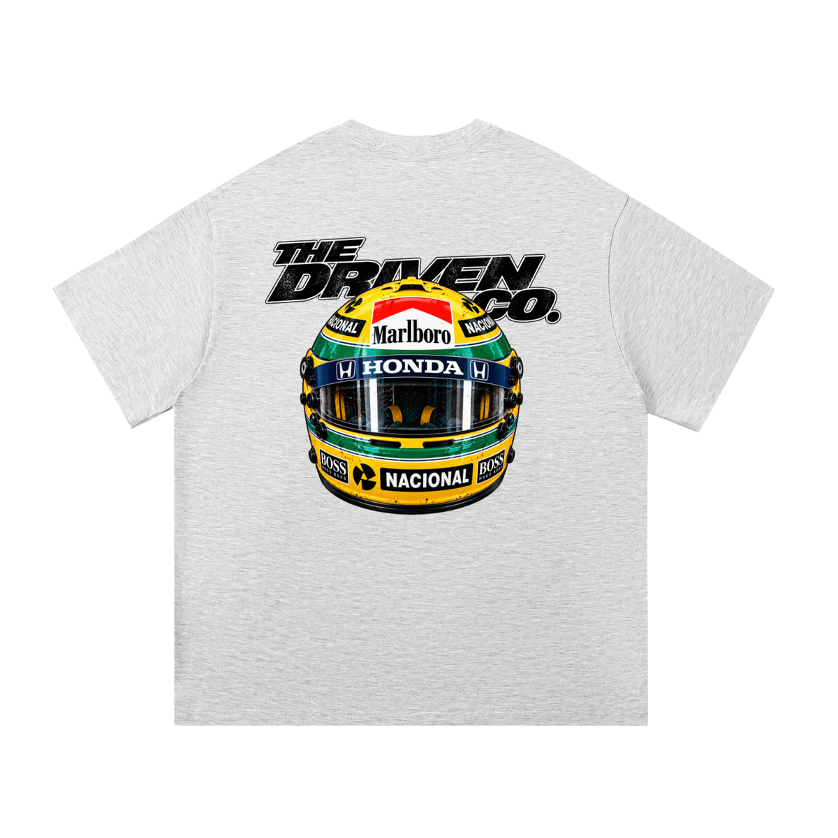 Ayrton Senna Helmet Graphic T-Shirt — White Grey — back