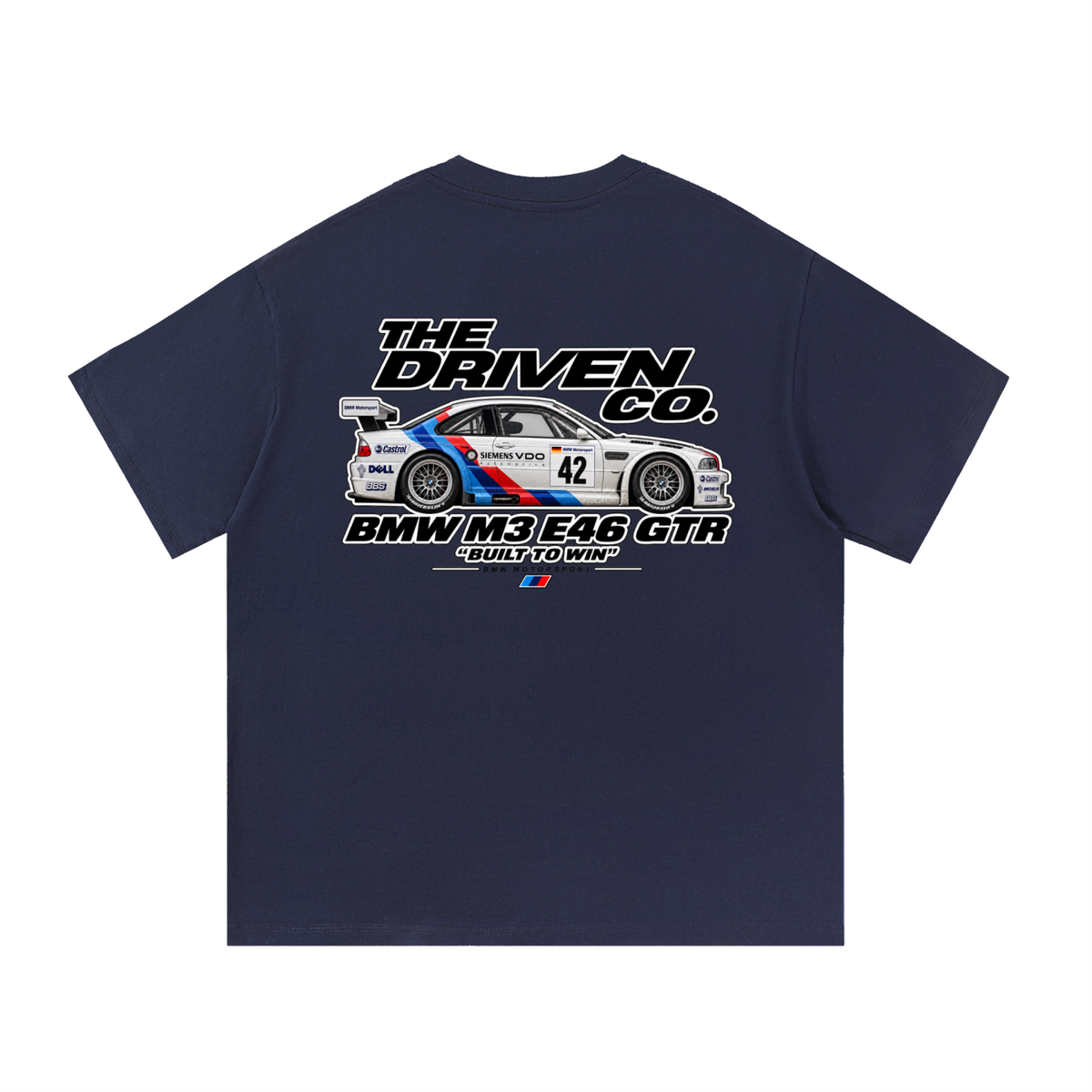 BMW E46 M3 GTR Built to Win Graphic T-Shirt — Navy Blue — back