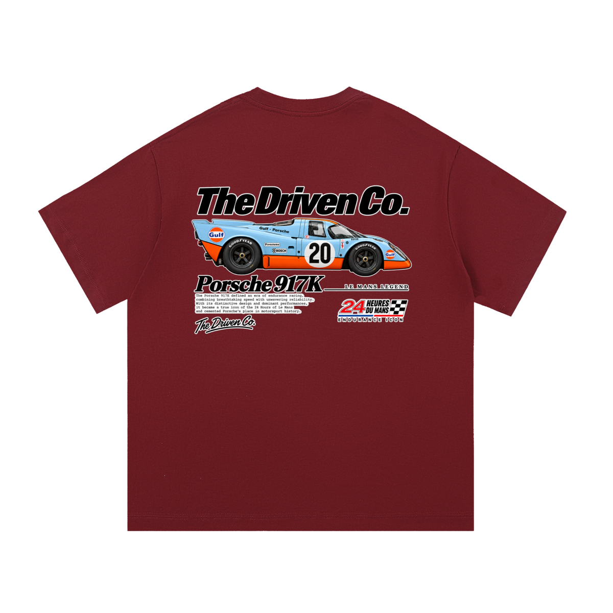 Porsche 917K Endurance Racing Graphic T-Shirt — Wine Red — back