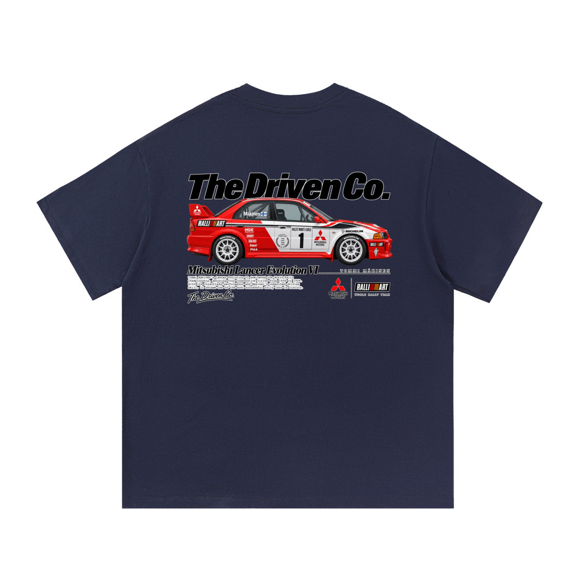 Mitsubishi Lancer Evolution Rally Graphic T-Shirt — Navy Blue — back